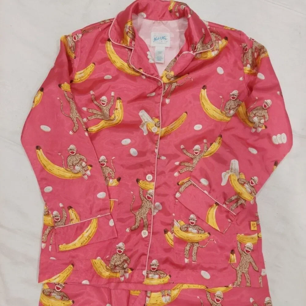NICK & NORA Girl's PInk Sock Monkey Satin Pajama Size Medium (7-8) EUC